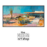 a painting of a desert with a building in the background