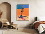 a painting of a palm tree in a bedroom